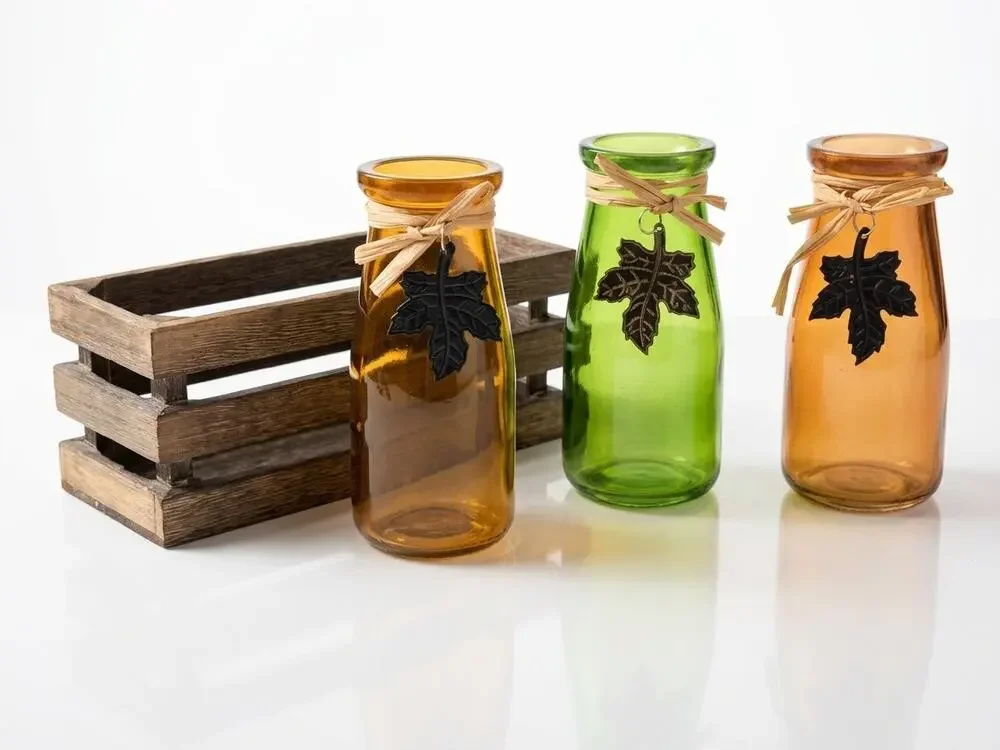 Fall Thanksgiving Table Centerpiece - Set of 3 Amber & Green Glass Bottle Vases